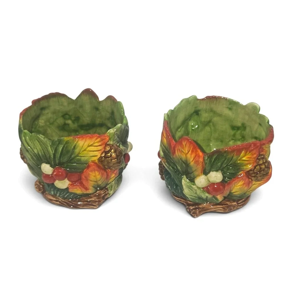 Fitz and Floyd Home Fragrance Ceramic Autumn Leaf Pinecone Votive Holders Set 2